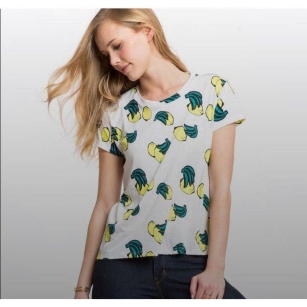 Marine Layer Women's Shirt sz XS white lemon printed Crew Neck short‎ Sleeve New